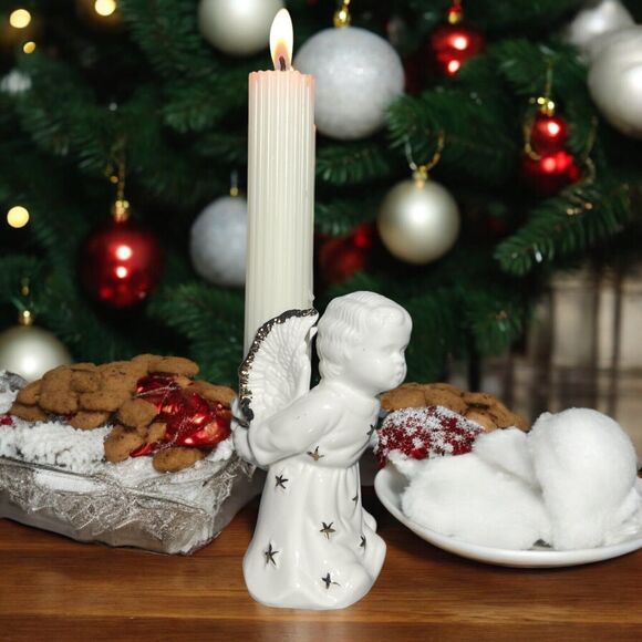 Angel Figurine White Ceramic Porcelain Gold Trim Candle Holder 4 6/8 in Vintage - Picture 3 of 10